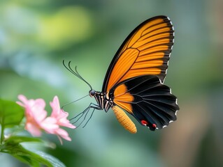 Close-up of a butterfly's proboscis while hovering, captured mid-air with a blurred background, ample copy space for text