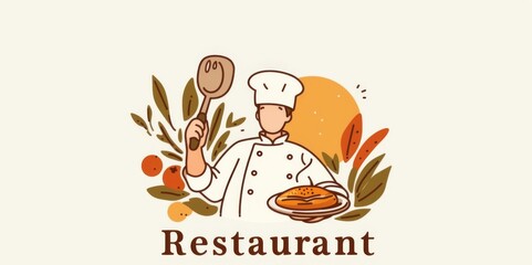 Elegant Minimalist Logo Featuring Chef with Plate and Cooking, with "Restaurant" Text 