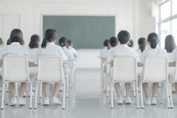group of children in classroom and raise their hands to answer. Learning or support, diversity and teacher teaching with young students in class of school building together