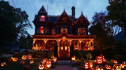 Fototapeta premium A Victorian-style house is lit up for Halloween with jack-o-lanterns on the lawn.