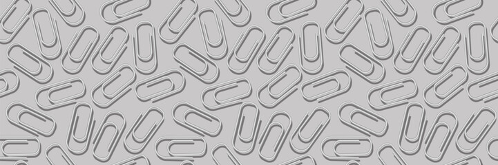 3d paper clips seamless pattern. White clips seamless background. Grey paperclips background with shadows. Business or education background.