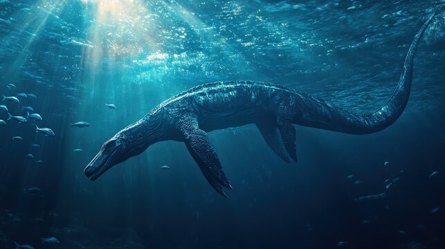 A Plesiosaurus glides gracefully through warm, clear waters, surrounded by smaller fish and illuminated by sunlight filtering from above