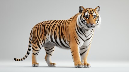 Obraz premium A majestic tiger stands on a white background with its orange and black stripes clearly visible.