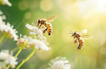 Naklejka premium Honeybee in Flight Near White Flowers with Blurred Green Surroundings