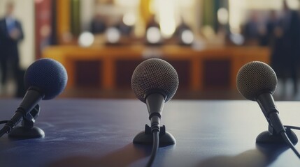 Obraz premium Microphones set up on a table with a pressroom background