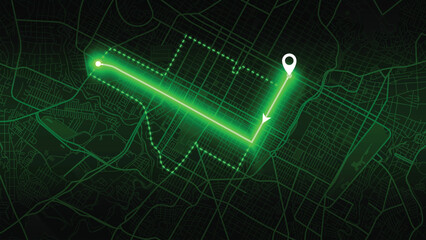 neon GPS road map of Santiago with the arrow that moves to the point of destination