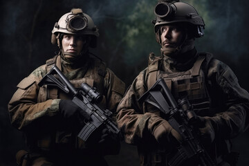 Fototapeta premium generated illustration portrait military soldiers move into position, war forces.