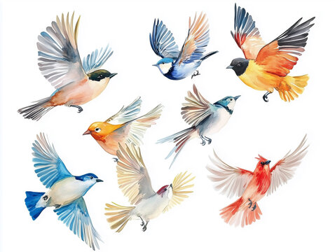 Beautiful watercolor painting showcasing a variety of colorful birds in flight, capturing their grace and beauty