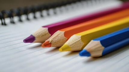 Obraz premium Colorful pencils on table beside empty notebook page
