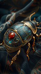 Fototapeta premium Close up photo of an Ancient Egyptian scarab beetle ornament with gems on a cloth. Antique object and artifacts museum exhibit.