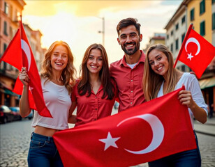 four young people holding turkish flags with a city street background with sunset sky