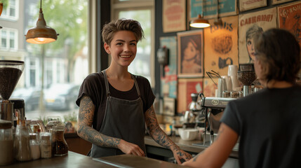 Fototapeta premium Friendly Tattooed Barista at Work in Cozy Coffee Shop