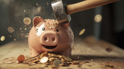 Piggy bank smashed by a hammer, coins burst out, representing financial hardship. Debt, spending, bankruptcy. Encouragement to save, invest, and plan for retirement
