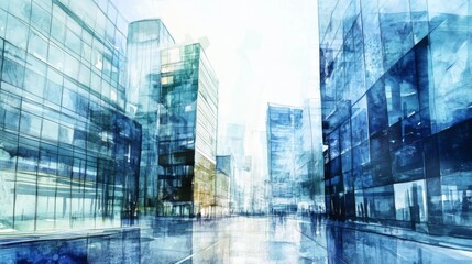  Watercolor Blueprint of a Modern Urban Cityscape Featuring Glass Buildings