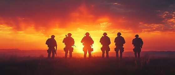 Fototapeta premium Silhouettes of soldiers standing in a field at sunset.