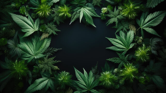 generated illustration of high angle view of marijuana leaves with copy space