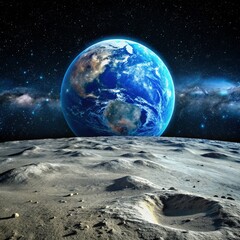 earth and moon. earth with a blue sky and a moon in the background