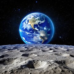 earth and moon. earth with a blue sky and a moon in the background