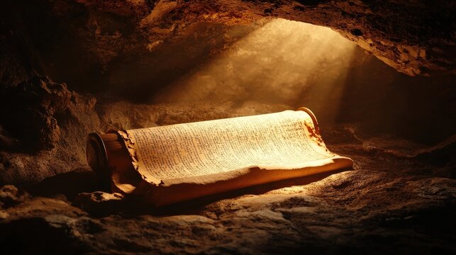 Sunlight streams into a cave, revealing a rolled ancient scroll resting on the rocky ground, suggesting a moment of archaeological significance - Powered by Adobe