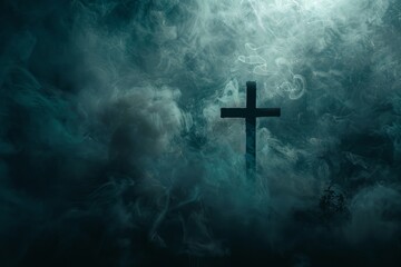 Fototapeta premium Cross Surrounded by Smoke with Abstract Dark Background and White Space