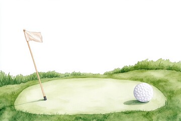 A serene golf scene featuring a ball near the hole with a white flag, perfect for golf enthusiasts and sports-related projects. watercolor Style