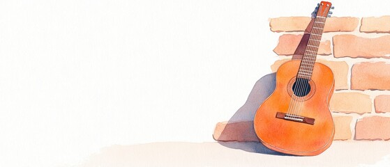 Obraz premium A beautiful acoustic guitar resting against a rustic brick wall, capturing the essence of music and artistic expression. watercolor Style