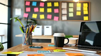 An entrepreneur’s desk with a laptop, and a board filled with sticky notes outlining the business growth plan