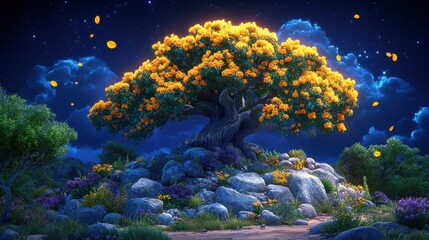 Naklejka premium Enchanting Tree with Glowing Yellow Blossoms on Rocky Hill Against Starry Night Sky - Mystical Landscape Art