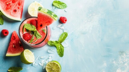 Glass of juice and fresh sweet ripe watermelon on table