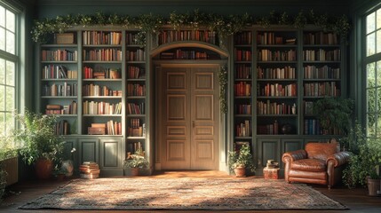Cozy Library Interior with Bookshelves and Sunlight