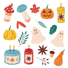 Flat style collection of autumn elements mushroom, pumpkin, leaf, ghost, candle. Vibrant, playful design of fall and Halloween themes. Vector illustration isolated on a white background.