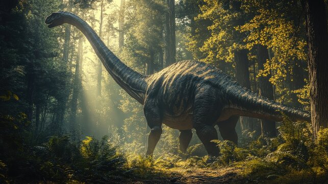 A Camarasaurus traverses a vibrant forest, basking in golden morning light amidst towering trees and ferns
