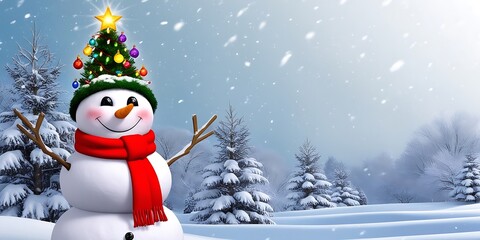 Obraz premium Christmas Background with Snowman, Chalet With Christmas Decoration
