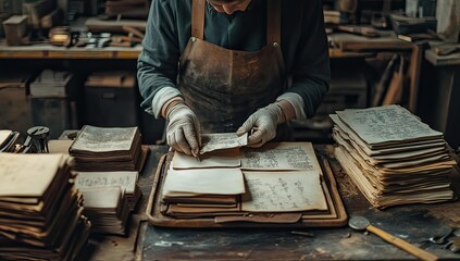 A person in gloves examines old handwritten books.