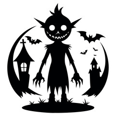 Halloween Vector Silhouette With Haunted House, pumpkin, and Bats Isolated on a white background