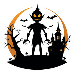 Halloween Vector Silhouette With Haunted House, pumpkin, and Bats Isolated on a white background