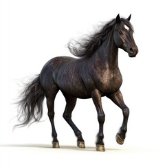 Fototapeta premium Black Horse with Flowing Mane and Tail Running on White Background