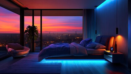 Fototapeta premium Modern bedroom with a city view at sunset.