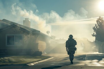 Soldier in Full Gear Walking Down Suburban Driveway on Sunny Day