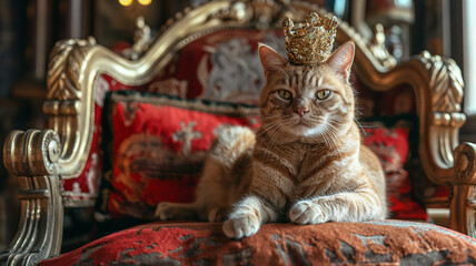 Unique portrait of a luxury red tabby cat, comfortably sitting in an ornate chair, highlighting the richness of pampered pets.
