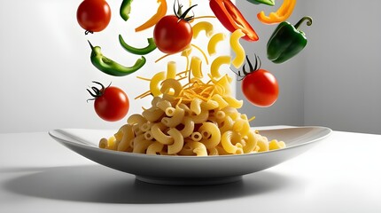 A colorful bowl of pasta mixed with fresh tomatoes and peppers, offering a delightful and healthy dining option.