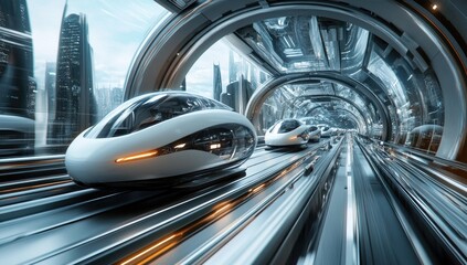 Obraz premium Futuristic vehicles traveling through tunnel.
