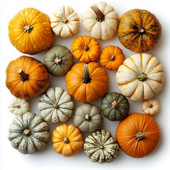 An assortment of various sized pumpkins of different colors and patterns, including orange, white, green, and yellow, on a white background.