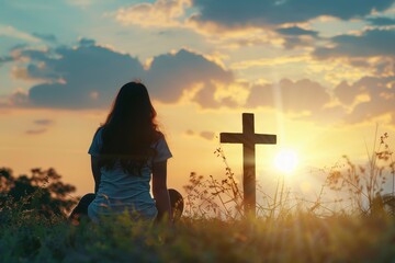 Woman Praying on Knees with Cross Behind During Sunrise Background.