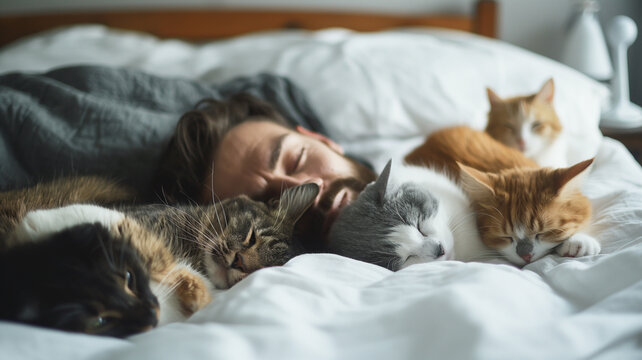 Cozy scene of a man sleeping with his beloved cats.
