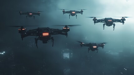 Five black drones flying over a city at night.