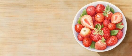 Fresh strawberries in a bowl, perfect for healthy desserts or snacks, showcasing vibrant colors and natural beauty. watercolor Style