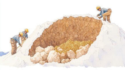 Mining workers excavate a mound revealing hidden treasures below. A blend of effort and discovery in a snowy environment. watercolor Style