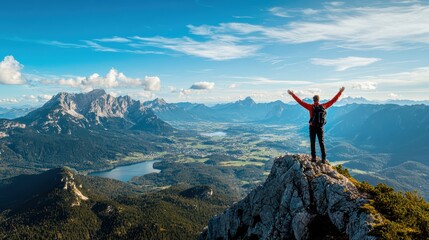 Obraz premium A breathtaking view from the mountain top, overlooking vast valleys, forests, and lakes. A single tourist stands at the peak with arms raised in triumph, wearing trekking gear and a backpack.