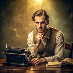 Portrait of a writer, with typewriter, soft lighting, vintage study, thoughtful